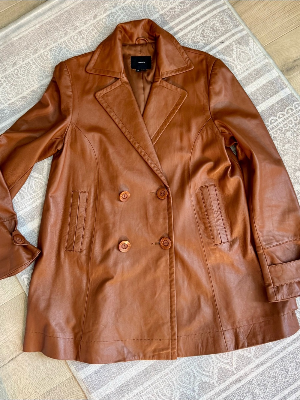 Women's Cognac Brown Leather Double-Breasted Peacoat Jacket Size 12